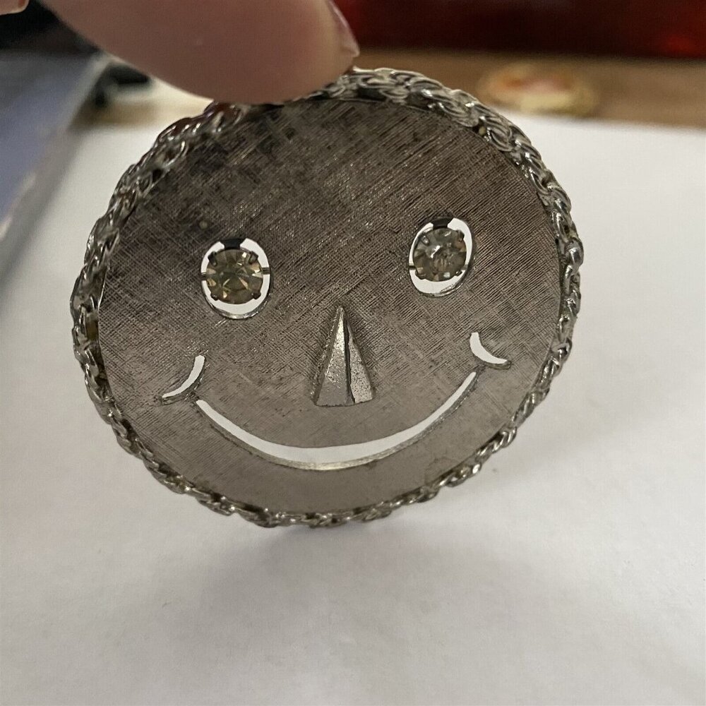 Vintage Smiley Face Pin Brooch Pendant Dangling Rhinestone Eyes Happy